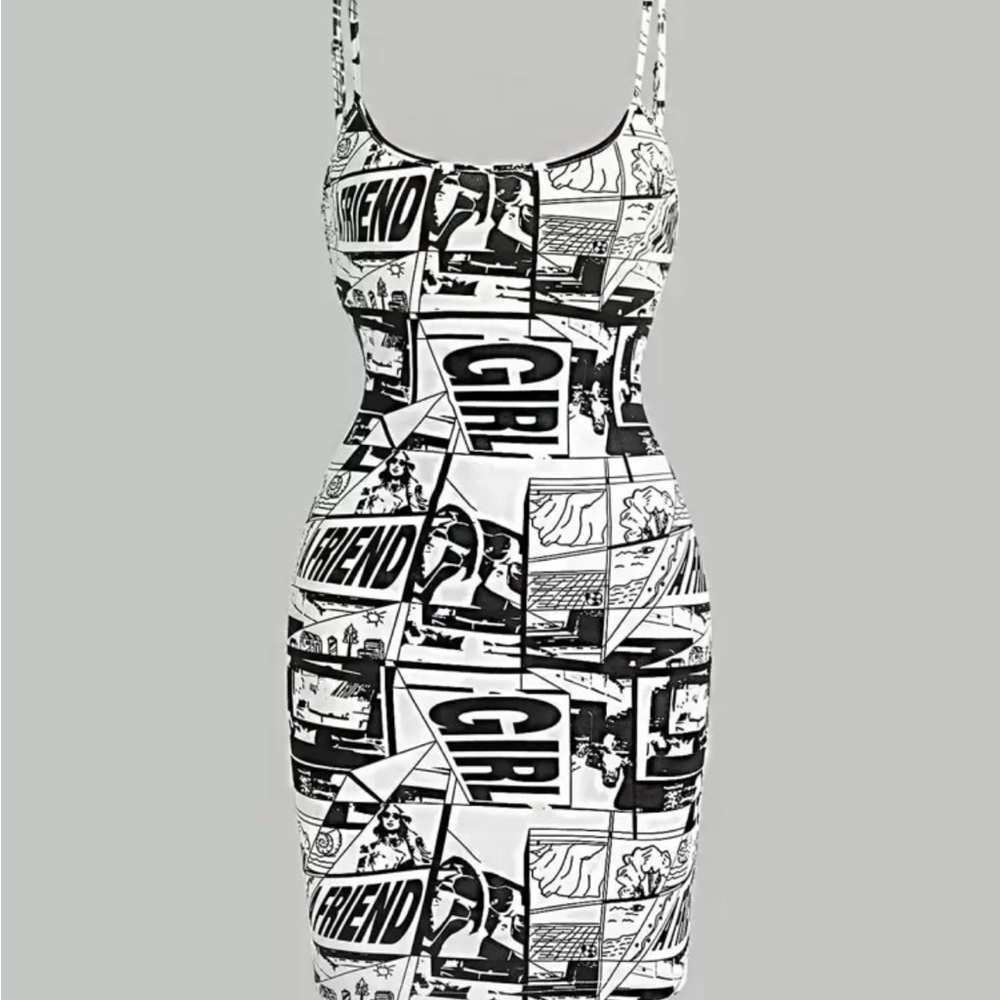 Graphic Black and White Comic Print Dress